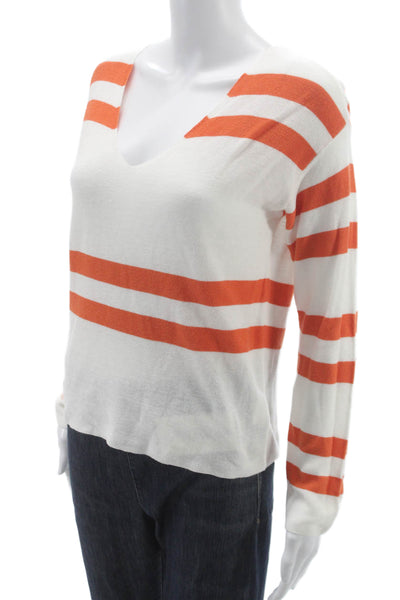 LNA Women Pullover Sweater White V Neck Striped Long Sleeve Size S