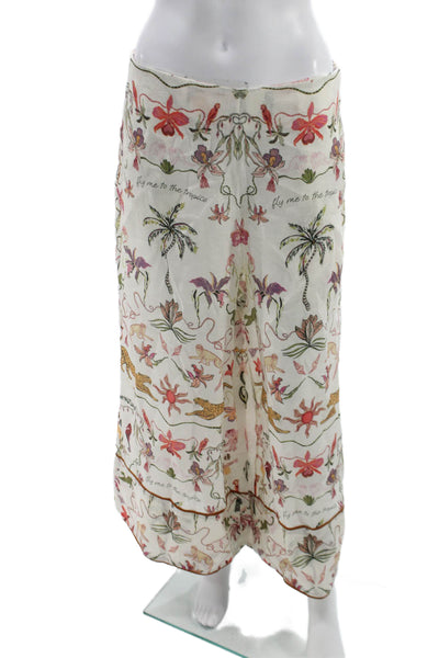 Eugenia Fernandez Women White Linen Tropical Animal Print Pants Pull On Size L