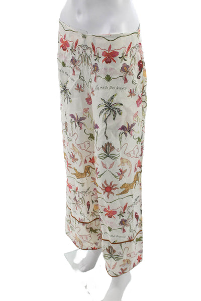 Eugenia Fernandez Women White Linen Tropical Animal Print Pants Pull On Size L