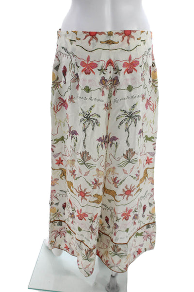 Eugenia Fernandez Women White Linen Tropical Animal Print Pants Pull On Size L