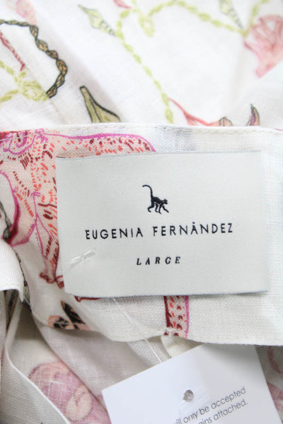 Eugenia Fernandez Women White Linen Tropical Animal Print Pants Pull On Size L