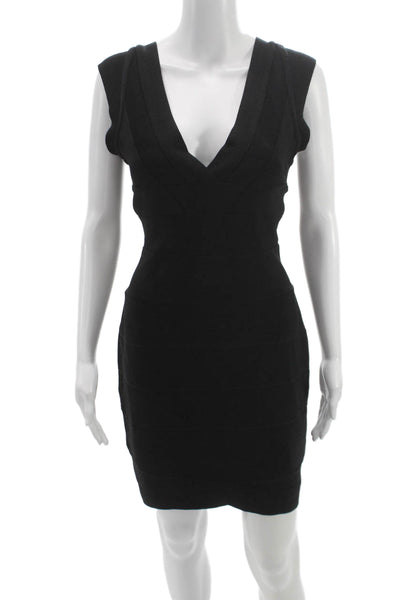 Herve Leger Women Black Bodycon Dress Rayon Zip V Neck Sleeveless Size L