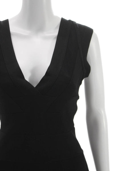 Herve Leger Women Black Bodycon Dress Rayon Zip V Neck Sleeveless Size L