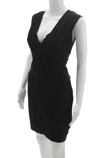Herve Leger Women Black Bodycon Dress Rayon Zip V Neck Sleeveless Size L