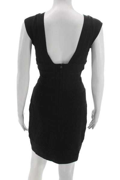 Herve Leger Women Black Bodycon Dress Rayon Zip V Neck Sleeveless Size L