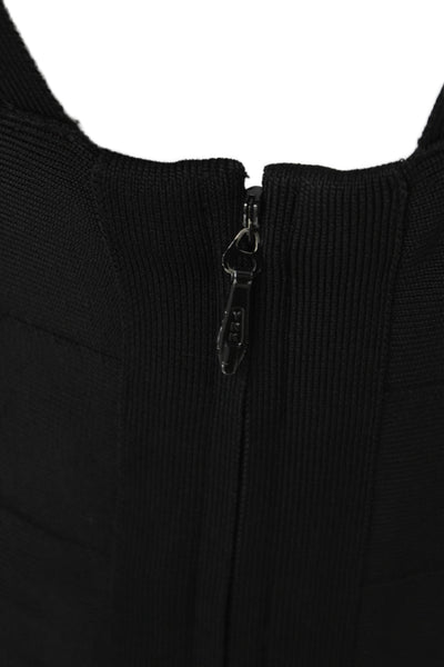 Herve Leger Women Black Bodycon Dress Rayon Zip V Neck Sleeveless Size L