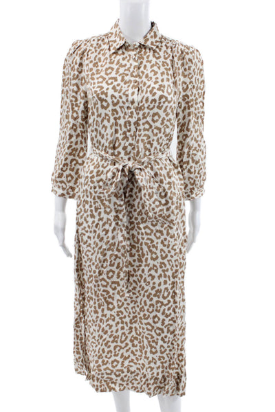 J Crew Womens Shirt Dress White Animal Print Collared Long Sleeve Cupro Size 4