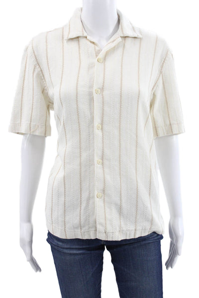 Zara Mens Basic Striped Collared Short Sleeve Button-Up Shirt White Size S