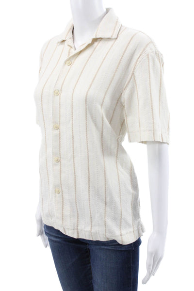 Zara Mens Basic Striped Collared Short Sleeve Button-Up Shirt White Size S