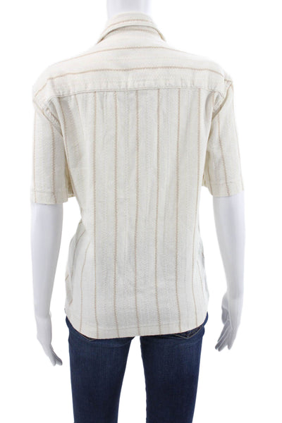 Zara Mens Basic Striped Collared Short Sleeve Button-Up Shirt White Size S