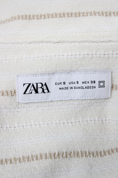 Zara Mens Basic Striped Collared Short Sleeve Button-Up Shirt White Size S