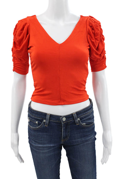 Frame Womens Cropped Red V Neck T Shirt Short Sleeve Size S