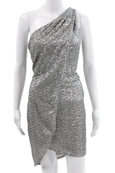 Halston Heritage Women Silver One Shoulder Mini Dress Zip Sleeveless Size 6