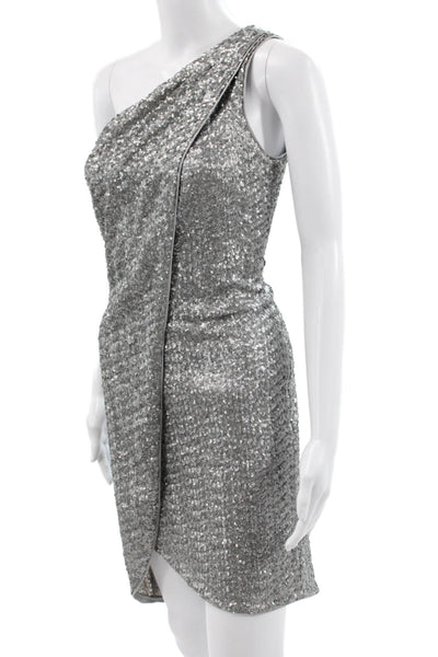 Halston Heritage Women Silver One Shoulder Mini Dress Zip Sleeveless Size 6