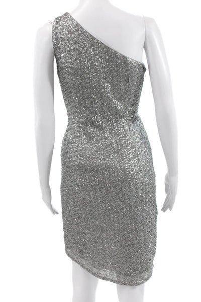 Halston Heritage Women Silver One Shoulder Mini Dress Zip Sleeveless Size 6