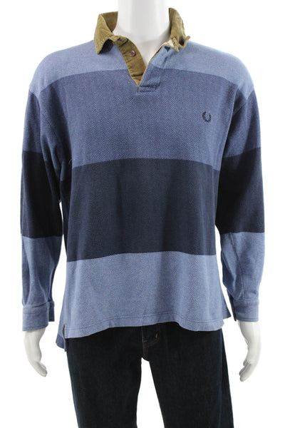 Fred Perry Mens Polo Shirt Blue Striped Long Sleeve 100% Cotton Size L