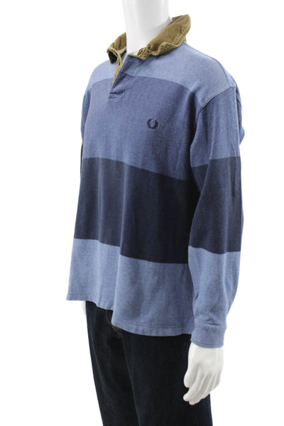 Fred Perry Mens Polo Shirt Blue Striped Long Sleeve 100% Cotton Size L
