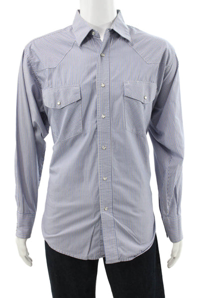 Wrangler Mens Cotton Striped Collar Long Sleeve Button Down Shirt Blue Size L