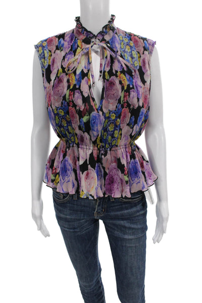 Ganni Womens Peplum Blouse Floral Multicolor Sleeveless High Neck Size 36