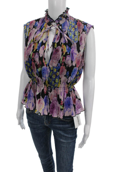Ganni Womens Peplum Blouse Floral Multicolor Sleeveless High Neck Size 36