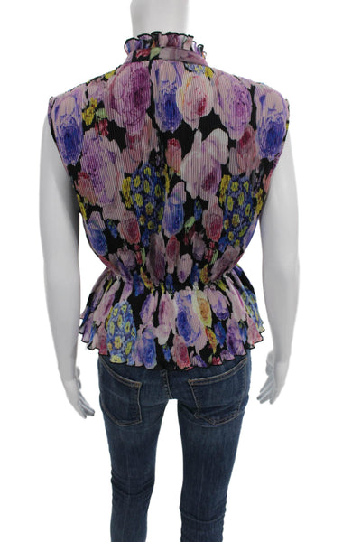 Ganni Womens Peplum Blouse Floral Multicolor Sleeveless High Neck Size 36