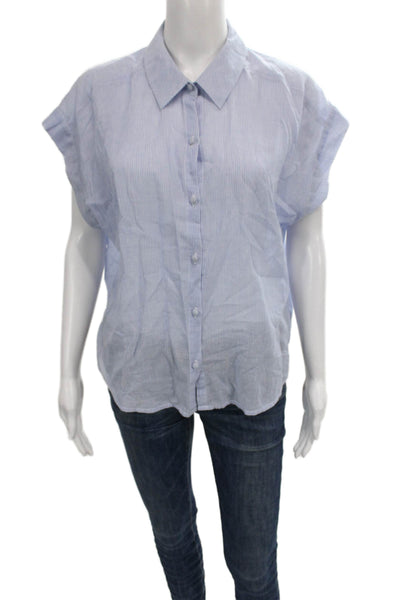 Unsubscribed Womens Striped Collared Cotton Button-Up Short Sleeve Blue Size S
