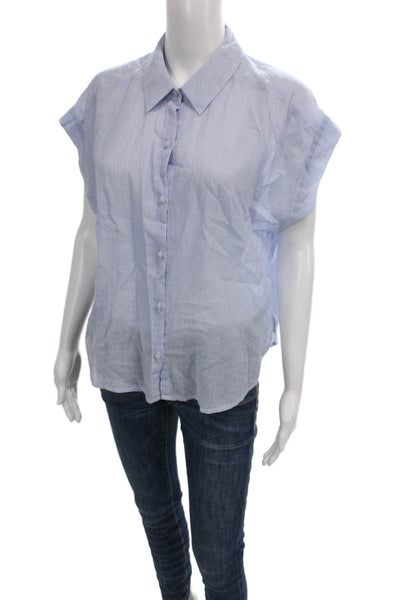 Unsubscribed Womens Striped Collared Cotton Button-Up Short Sleeve Blue Size S