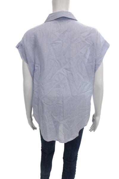 Unsubscribed Womens Striped Collared Cotton Button-Up Short Sleeve Blue Size S