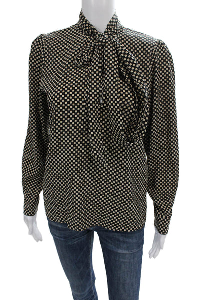 Nili Lotan Womens Black Silk Check Collared Long Sleeve Blouse Size S
