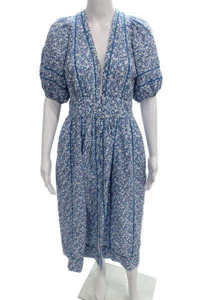Poupette St. Barth Women Midi Floral Cotton V-Neck Short Sleeve Dress Size S