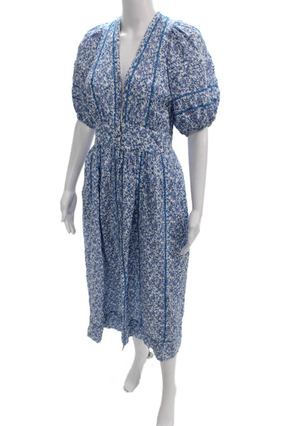 Poupette St. Barth Women Midi Floral Cotton V-Neck Short Sleeve Dress Size S