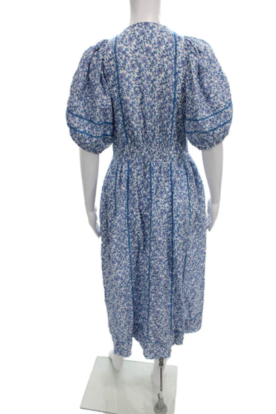 Poupette St. Barth Women Midi Floral Cotton V-Neck Short Sleeve Dress Size S