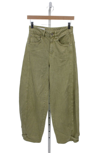 Zara Women Wide-Leg Jeans Green 100% Cotton Button Size 2