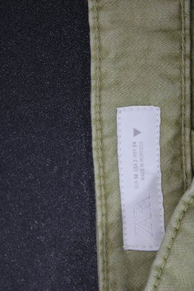 Zara Women Wide-Leg Jeans Green 100% Cotton Button Size 2