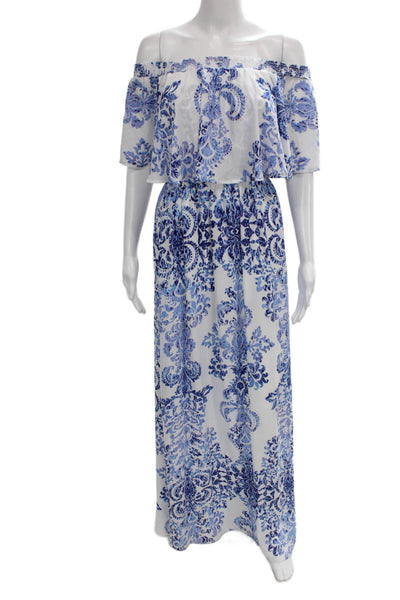 Show Me Your Mumu Women Maxi Dress Blue Floral Off Shoulder Size S