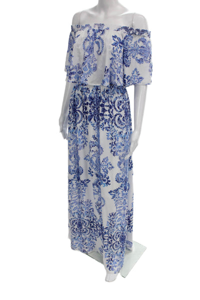 Show Me Your Mumu Women Maxi Dress Blue Floral Off Shoulder Size S