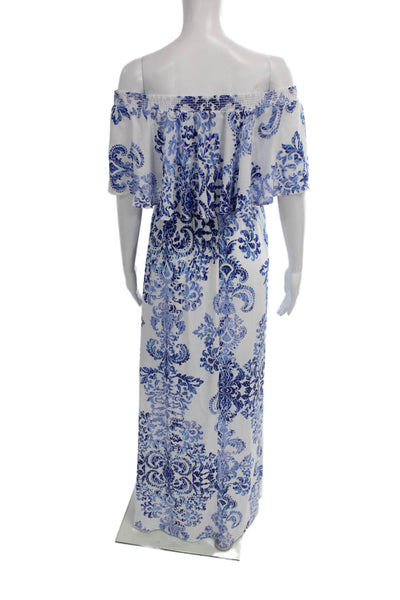Show Me Your Mumu Women Maxi Dress Blue Floral Off Shoulder Size S