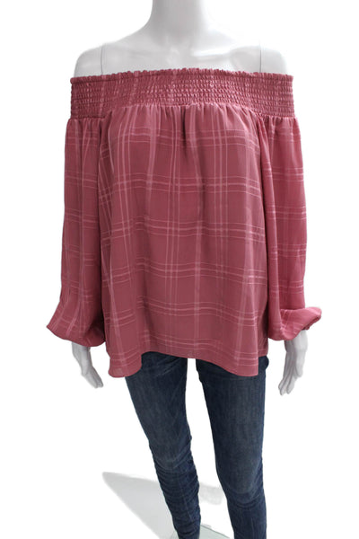 Parker Womens Off The Shoulder Pink Plaid Long Sleeve Polyester Top Size M