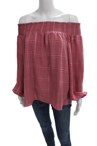 Parker Womens Off The Shoulder Pink Plaid Long Sleeve Polyester Top Size M