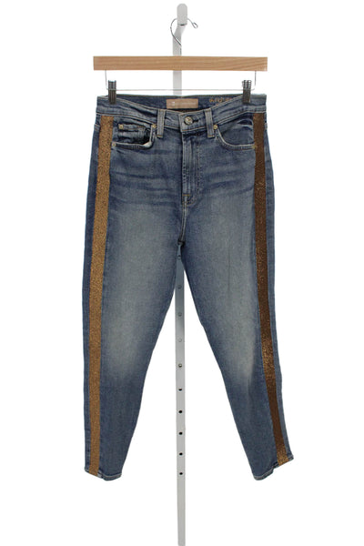 7 For All Mankind Womens Tapered Jeans Blue Striped High Rise Button Size 28