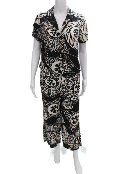 Christian Siriano Womens Black Animal Print Pantsuit Short Sleeve Size XS