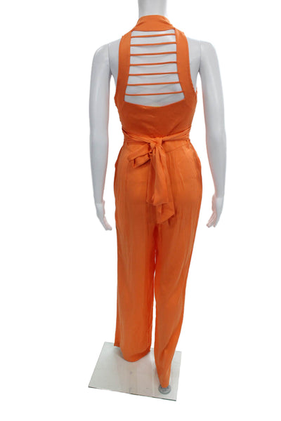 Catherine Malandrino Women Jumpsuit Orange Cowl Neck Tie Sleeveless Silk Size 2