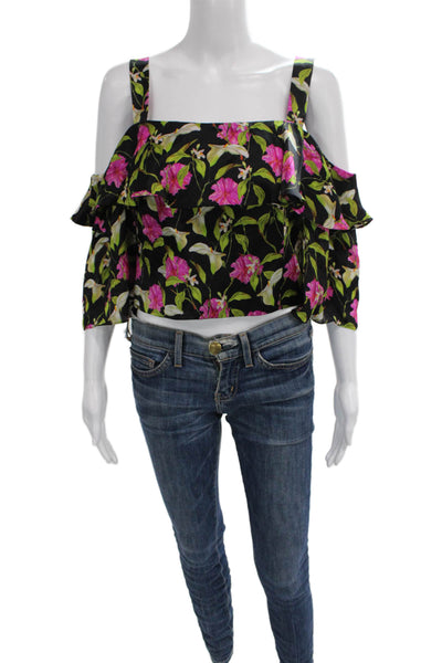Milly Women Cropped Floral Blouse Black Square Neck Polyester Size 4