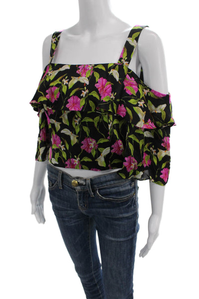 Milly Women Cropped Floral Blouse Black Square Neck Polyester Size 4