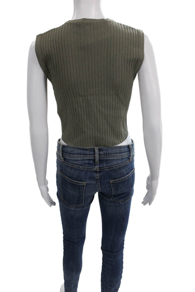 L'Academie Women Cropped Tank Green Sleeveless Round Neck Size S