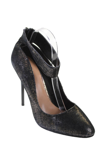 Renvy Women's Ankle Strap Stiletto Zip Back Shoes Navy Blue/Gold Size 10