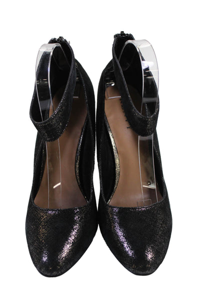 Renvy Women's Ankle Strap Stiletto Zip Back Shoes Navy Blue/Gold Size 10