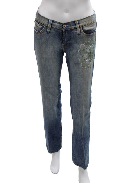 Carlos Miele Womens Straight Floral Blue Cotton Jeans Mid Rise 30 Size 36