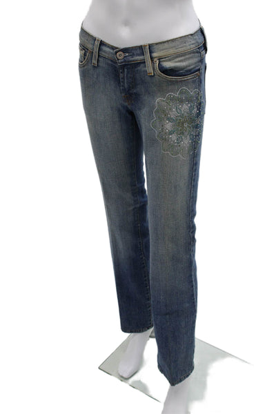 Carlos Miele Womens Straight Floral Blue Cotton Jeans Mid Rise 30 Size 36