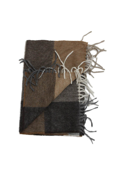 Rene Lezard Womens Cashmere Knit Plaid Fringe Scarf Brown White 66"x12"